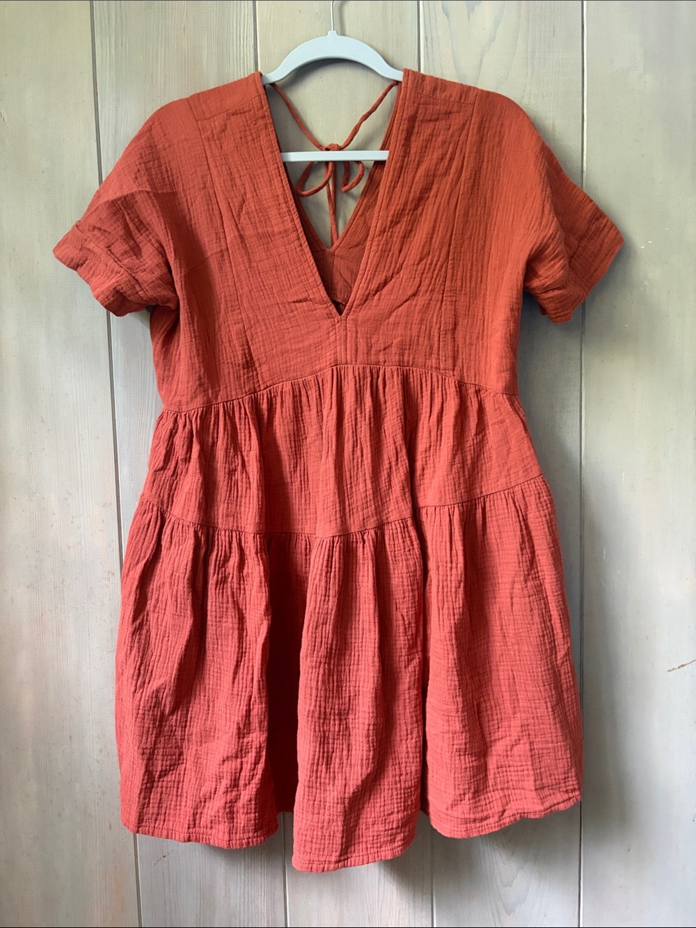 Ava Sky Fighting Eel Tiered V-Neck Dress in Orange Rust